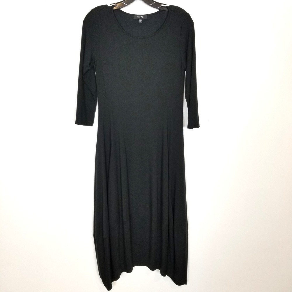 Comfy USA Women Asymmetrical Midi Dress Sz XS Black 3/4 Sleeve Lagenlook Stretch